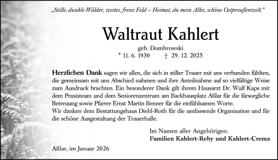 Traueranzeige von Waltraut Kahlert von Wetzlarer Neue Zeitung