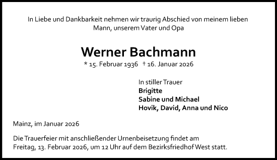 Traueranzeige von Werner Bachmann von Allgemeine Zeitung Mainz