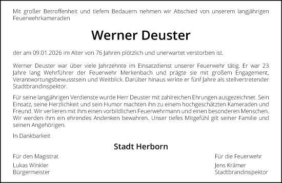 Traueranzeige von Werner Deuster von Dill Block