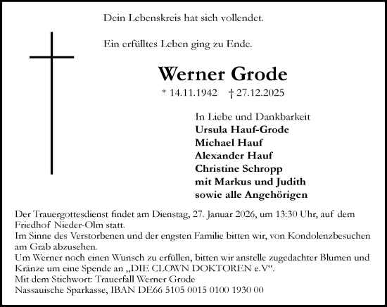Traueranzeige von Werner Grode von Allgemeine Zeitung Mainz
