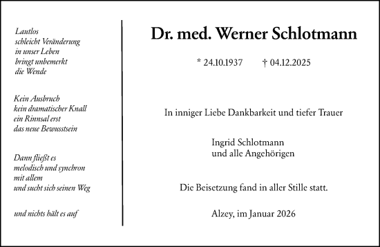 Traueranzeige von Werner Schlotmann von Wiesbadener Kurier