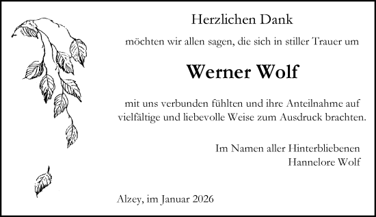 Traueranzeige von Werner Wolf von Allgemeine Zeitung Alzey