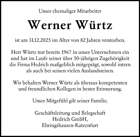Traueranzeige von Werner Würtz von Wetzlarer Neue Zeitung