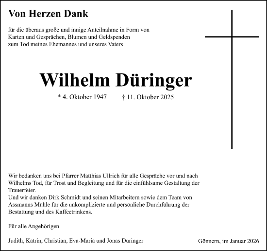 Traueranzeige von Wilhelm Düringer von Hinterländer Anzeiger