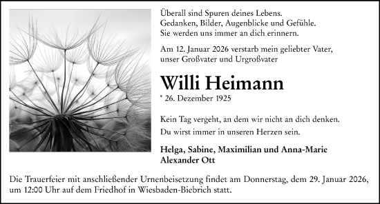 Traueranzeige von Willi Heimann von Wiesbadener Kurier