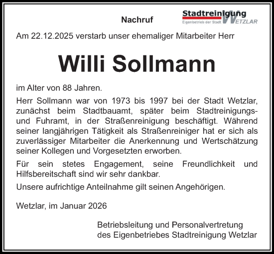 Traueranzeige von Willi Sollmann von Wetzlarer Neue Zeitung