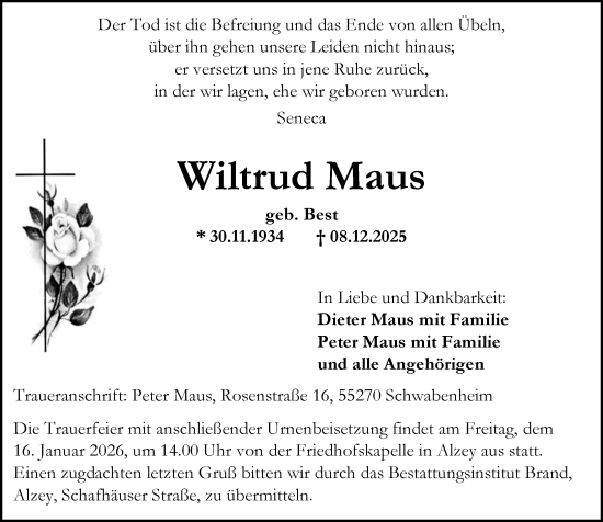 Traueranzeige von Wiltrud Maus von Allgemeine Zeitung Alzey