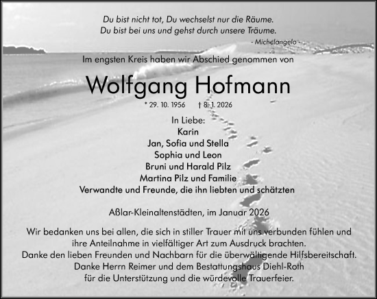 Traueranzeige von Wolfgang Hofmann von Wetzlarer Neue Zeitung