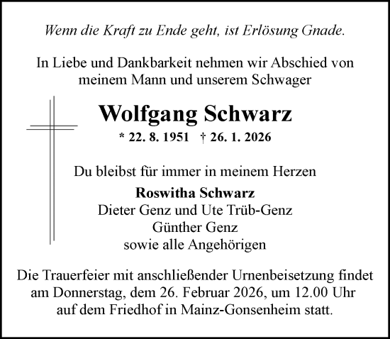 Traueranzeige von Wolfgang Schwarz von Allgemeine Zeitung Mainz