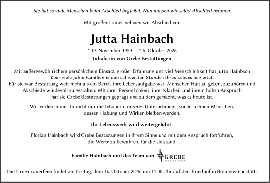 Traueranzeige von Jutta Hainbach 