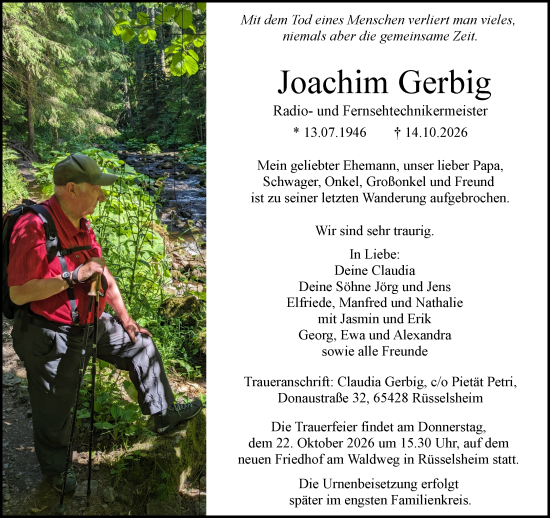 Traueranzeige von Joachim Gerbig von Rüsselsheimer Echo