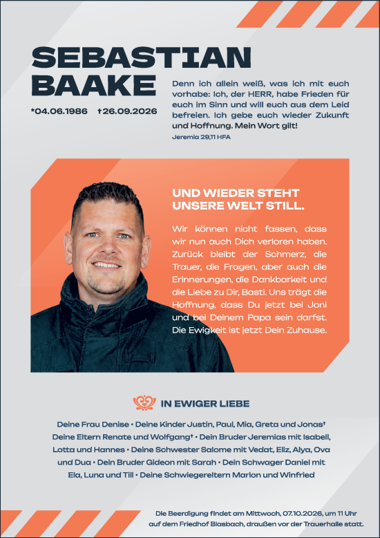Traueranzeige von Sebastian Baake 