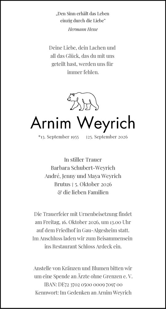 Traueranzeige von Arnim Weyrich von Allgemeine Zeitung Rheinhessen-Nahe