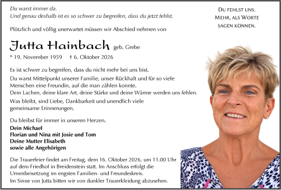 Traueranzeige von Jutta Hainbach 