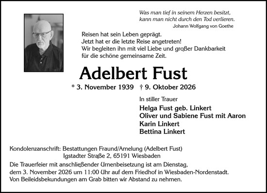 Traueranzeige von Adelbert Fust von Wiesbadener Kurier