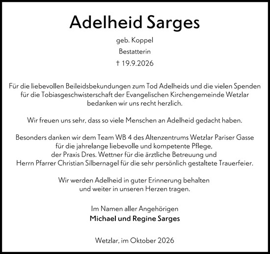 Traueranzeige von Adelheid Sarges von Wetzlarer Neue Zeitung