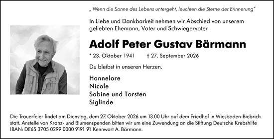 Traueranzeige von Adolf Peter Gustav Bärmann von Wiesbadener Kurier