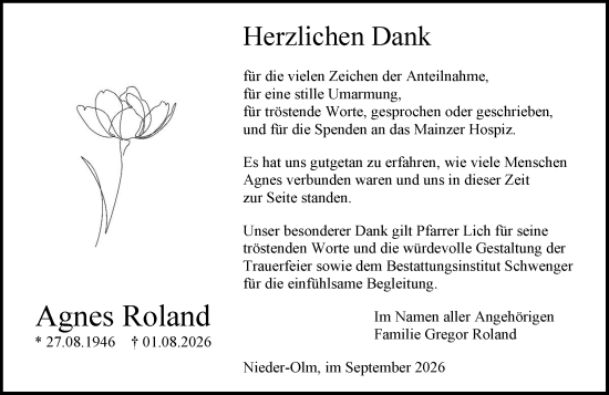 Traueranzeige von Agnes Roland von Allgemeine Zeitung Mainz
