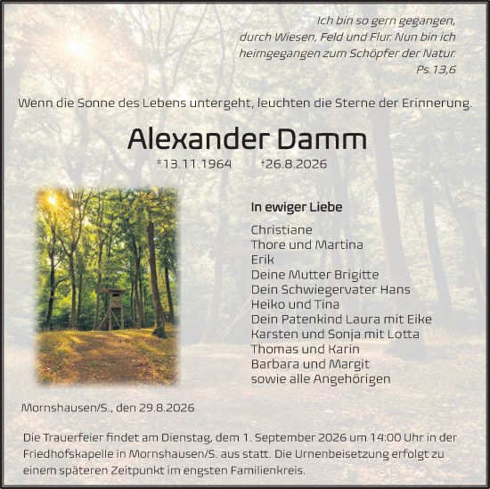Traueranzeige von Alexander Damm von Hinterländer Anzeiger