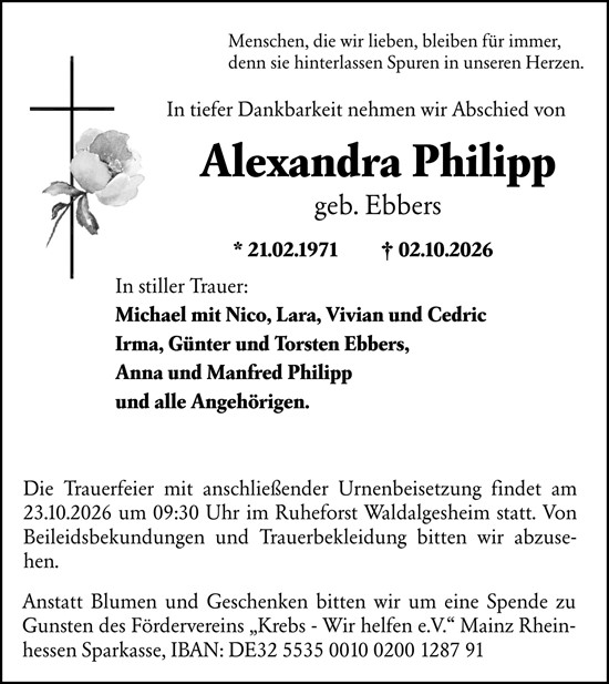 Traueranzeige von Alexandra Philipp von Binger-/Ingelheimer Wochenblatt