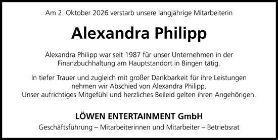 Traueranzeige von Alexandra Philipp von Allgemeine Zeitung Rheinhessen-Nahe