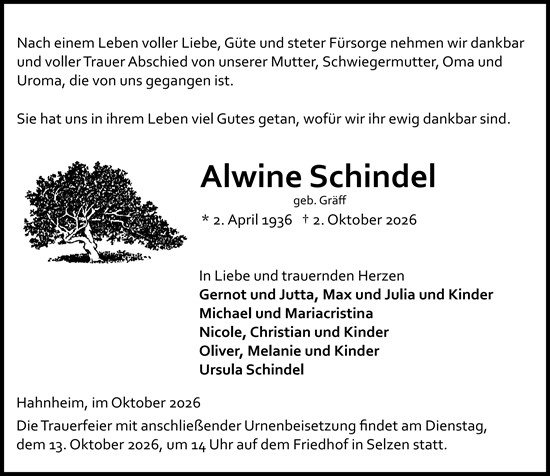 Traueranzeige von Alwine Schindel von Allgemeine Zeitung Mainz