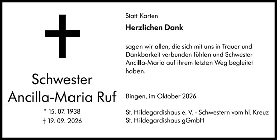 Traueranzeige von Ancilla-Maria Ruf von Allgemeine Zeitung Rheinhessen-Nahe