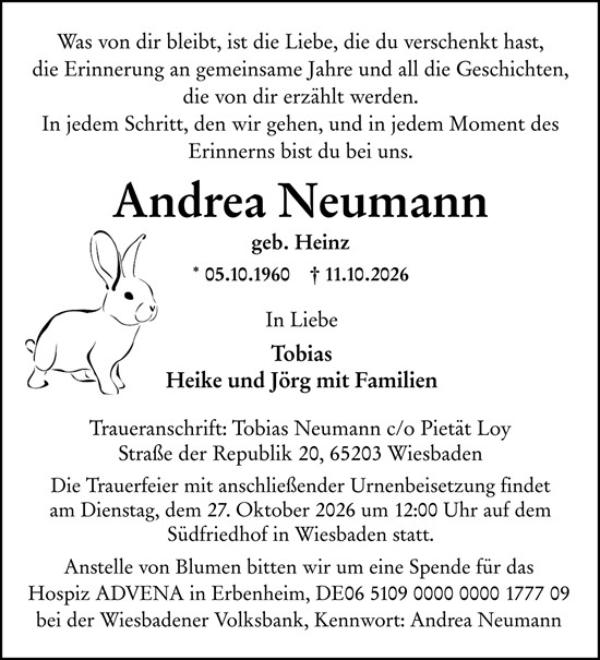 Traueranzeige von Andrea Neumann von Wiesbadener Kurier