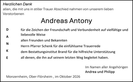 Traueranzeige von Andreas Antony von Allgemeine Zeitung Alzey