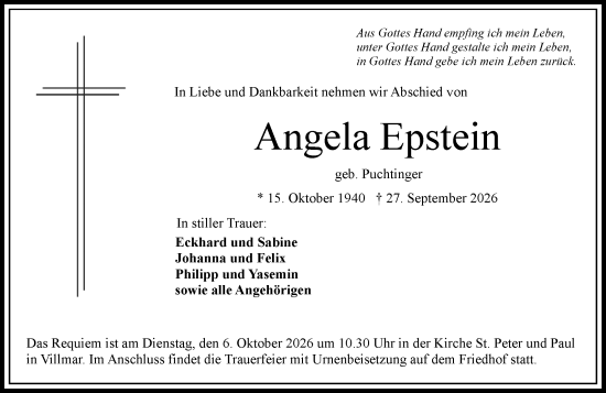 Traueranzeige von Angela Epstein von Weilburger Tageblatt