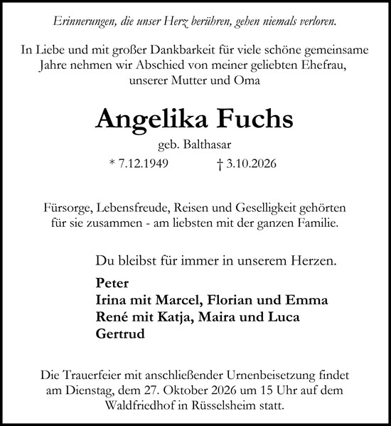 Traueranzeige von Angelika Fuchs von Rüsselsheimer Echo