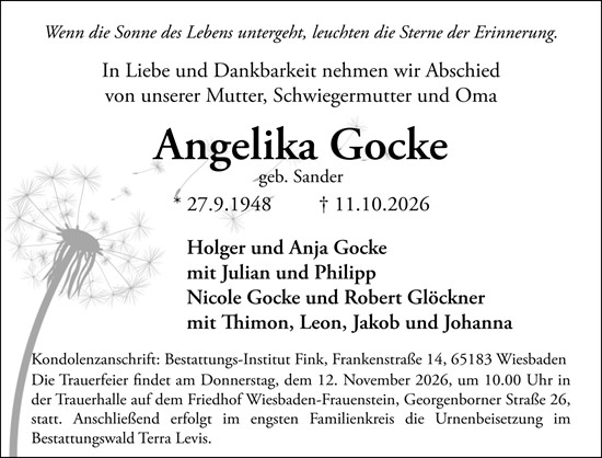 Traueranzeige von Angelika Gocke von Wiesbadener Kurier