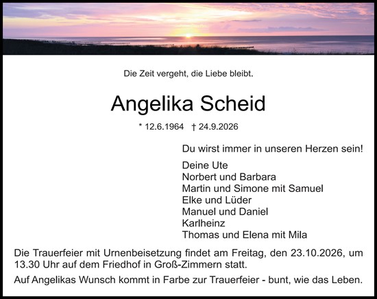 Traueranzeige von Angelika Scheid von Dieburger Anzeiger/Groß-Zimmerner Lokal-Anzeiger