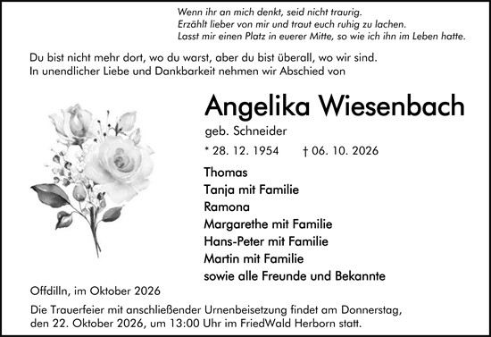 Traueranzeige von Angelika Wiesenbach von Dill Block