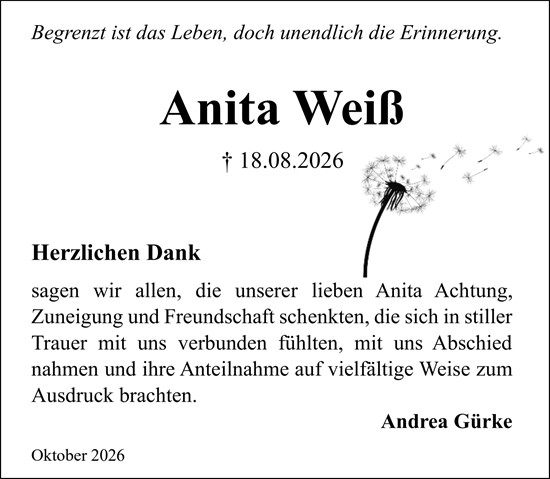 Traueranzeige von Anita Weiß von Allgemeine Zeitung Mainz