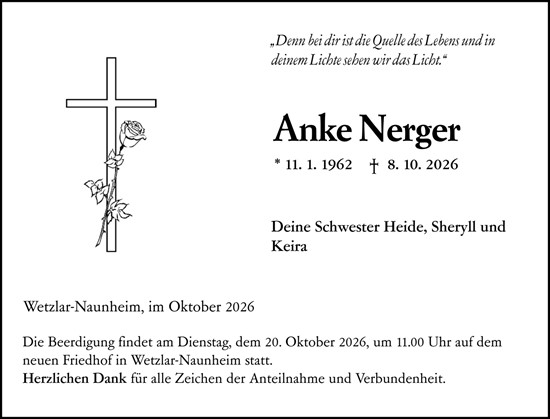 Traueranzeige von Anke Nerger von Wetzlarer Neue Zeitung