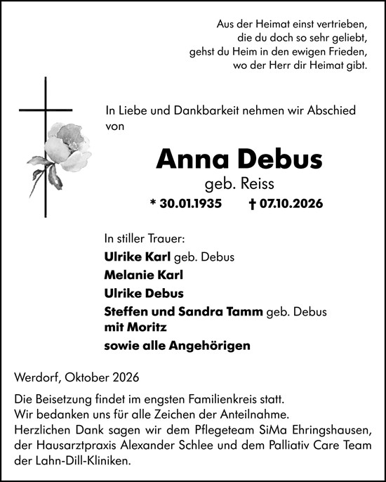 Traueranzeige von Anna Debus von Wetzlarer Neue Zeitung