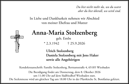 Traueranzeige von Anna-Maria Stolzenberg von Wiesbadener Kurier