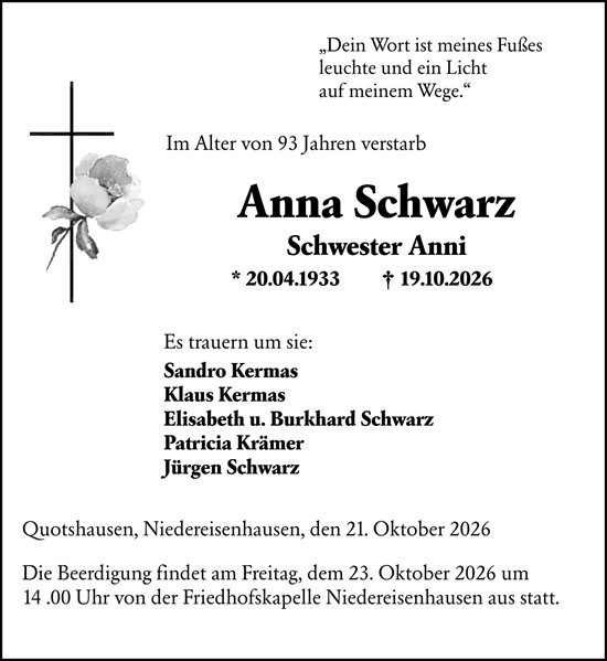 Traueranzeige von Anna Schwarz von Hinterländer Anzeiger