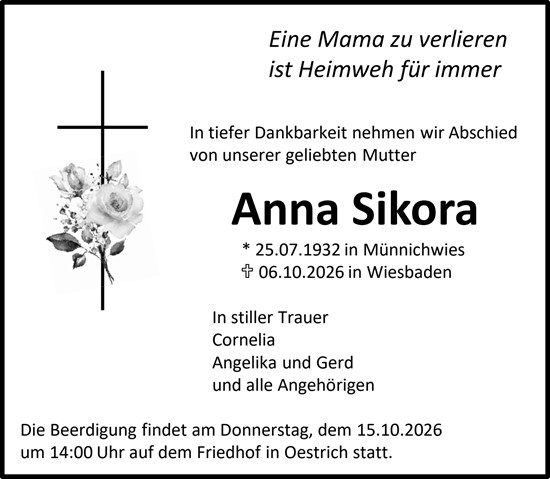 Traueranzeige von Anna Sikora von Wiesbadener Kurier