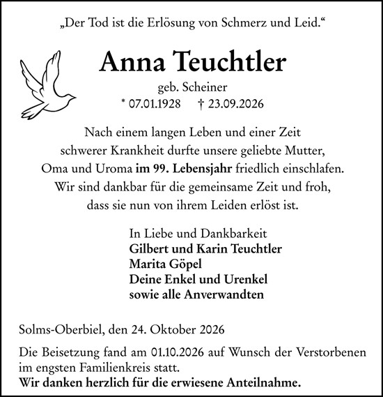 Traueranzeige von Anna Teuchtler von Wetzlarer Neue Zeitung
