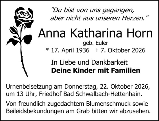 Traueranzeige von Anna Katharina Horn von Rheingau-Taunus-Kreis Wochenblatt