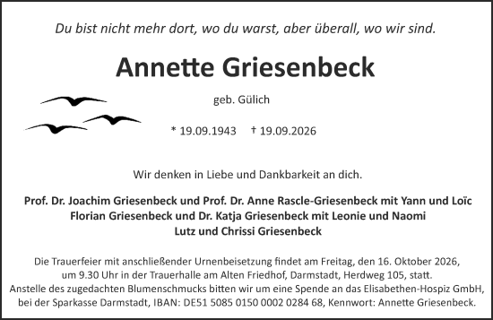 Traueranzeige von Anne Griesenbeck von Darmstädter Echo