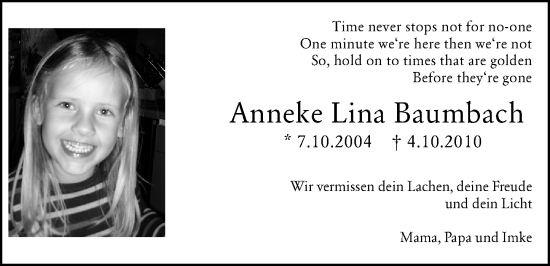 Traueranzeige von Anneke Lina Baumbach von Allgemeine Zeitung Mainz