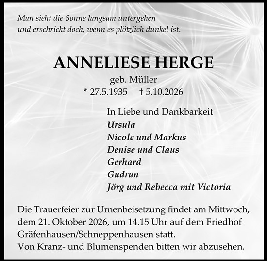 Traueranzeige von Anneliese Herge von Darmstädter Echo