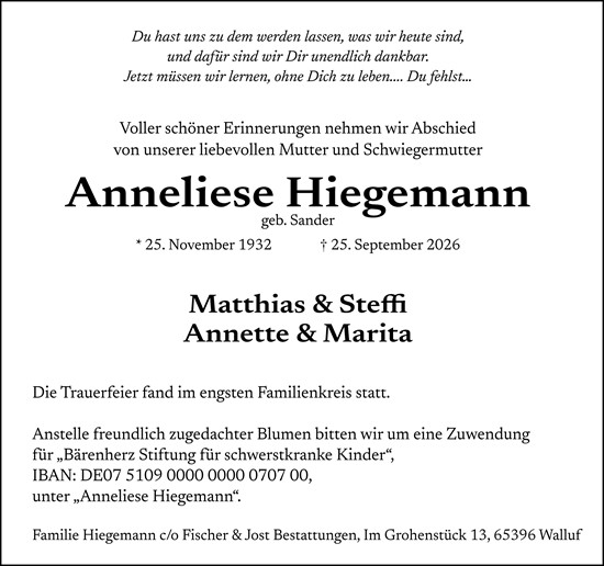 Traueranzeige von Anneliese Hiegemann von Wiesbadener Kurier