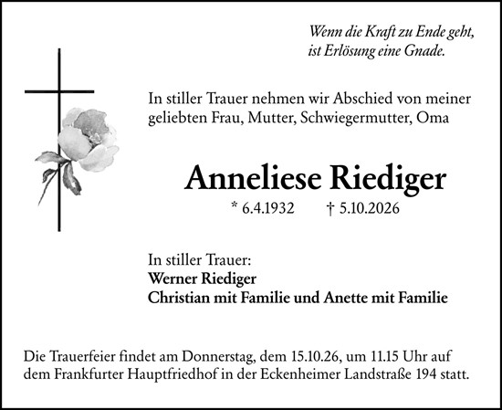 Traueranzeige von Anneliese Riediger von Rüsselsheimer Echo