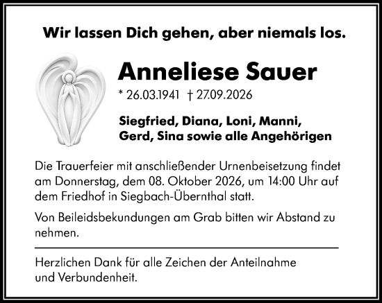 Traueranzeige von Anneliese Sauer von Dill Block