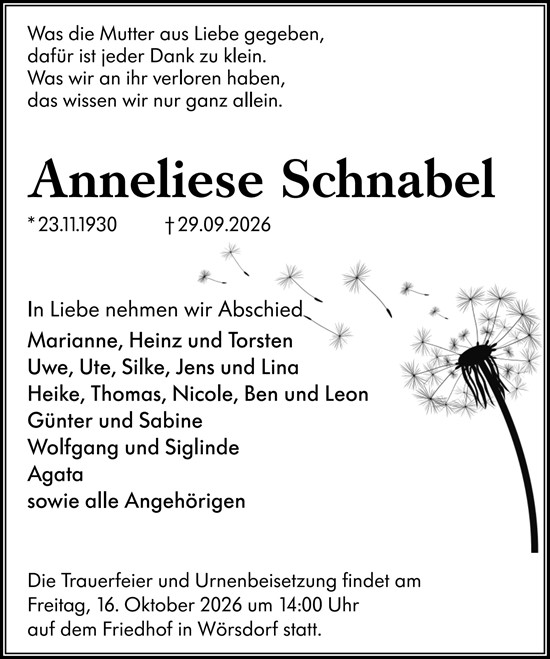 Traueranzeige von Anneliese Schnabel von Idsteiner Land/Untertaunus