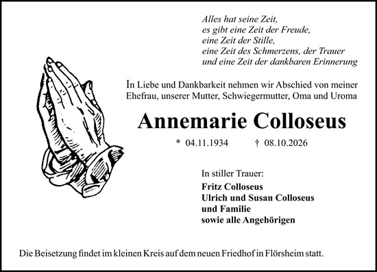 Traueranzeige von Annemarie Colloseus von Rüsselsheimer Echo